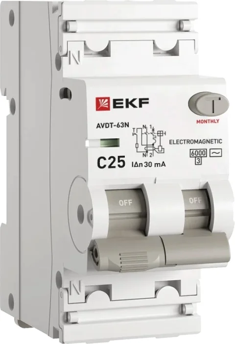 Дифференциальный автомат EKF 1P+N АВДТ-63N 1P+N 25А 30мА C AC / D63N26M25C30