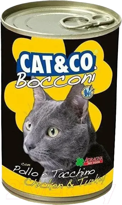 Влажный корм для кошек Adragna Cat&Co кусочки курицы и индейки в соусе (405г)