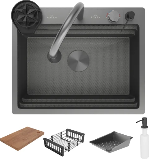 Мойка кухонная со смесителем Roxen Stage Plus 560250-60BS многофункциональная 8 в 1 (оружейная сталь текстурная)