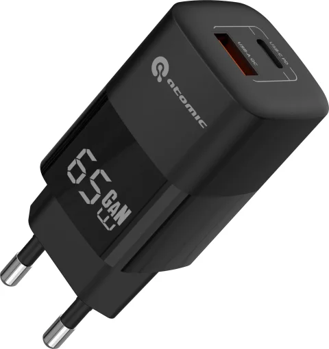 Зарядное устройство сетевое Atomic UniQ G651 GAN 65W USB A+C с кабелем USB С-С / 10.190 (черный)
